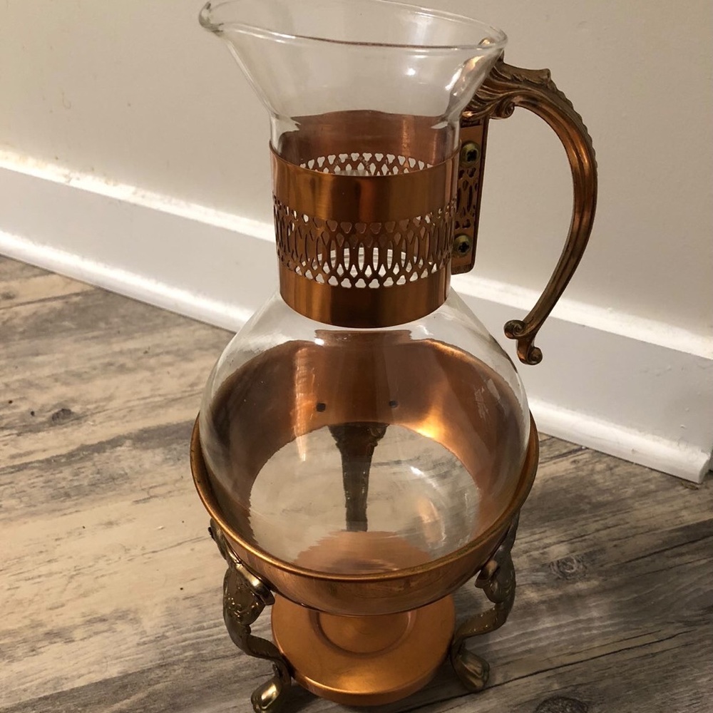 Vintage copper & glass coffee carafe pitcher with handle & copper stand